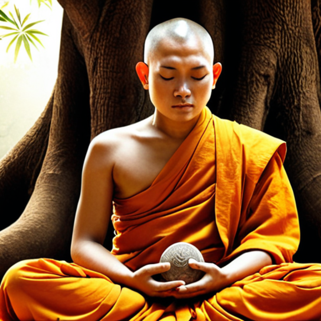 **Image Prompt:** A serene Buddhist monk meditating under a Bodhi tree, radiating inner peace and wisdom, with a subtle depiction of the wheel of Samsara in the background, symbolizing the cycle of suffering and liberation. Soft, ethereal lighting.