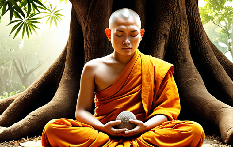 **Image Prompt:** A serene Buddhist monk meditating under a Bodhi tree, radiating inner peace and wisdom, with a subtle depiction of the wheel of Samsara in the background, symbolizing the cycle of suffering and liberation. Soft, ethereal lighting.