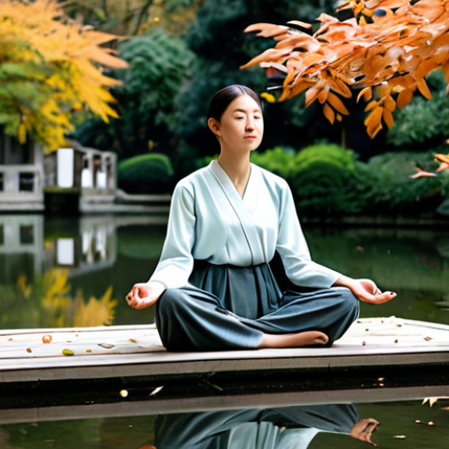 Home 22 **Prompt 1: Serene Impermanence and Acceptance**
A person of peaceful demeanor, sitting in a gentle meditative pose. Dressed in simple, modest, earth-toned clothing, in a tranquil temple garden, surrounded by soft autumn leaves falling onto a calm reflective pond. The light is soft and diffused, evoking a deep sense of serenity and acceptance of life's natural flow and impermanence. perfect anatomy, correct proportions, natural pose, well-formed hands, proper finger count, natural body proportions, fully clothed, modest clothing, appropriate attire, professional dress, safe for work, appropriate content, professional, family-friendly, high quality, serene photography.