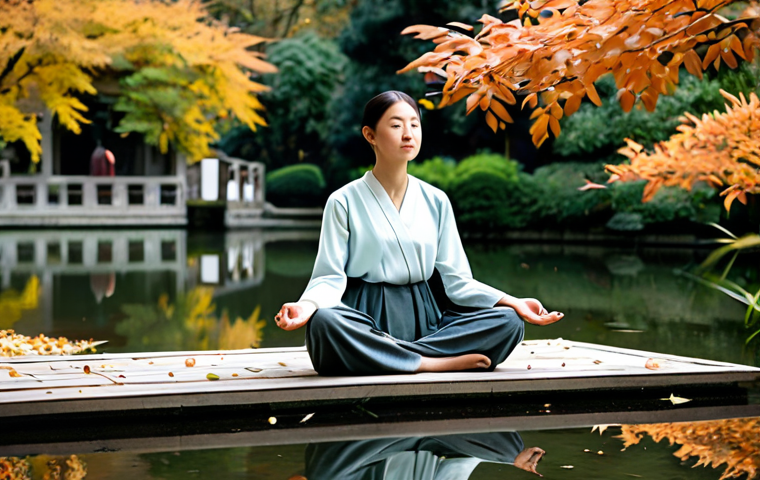 **Prompt 1: Serene Impermanence and Acceptance**
A person of peaceful demeanor, sitting in a gentle meditative pose. Dressed in simple, modest, earth-toned clothing, in a tranquil temple garden, surrounded by soft autumn leaves falling onto a calm reflective pond. The light is soft and diffused, evoking a deep sense of serenity and acceptance of life's natural flow and impermanence. perfect anatomy, correct proportions, natural pose, well-formed hands, proper finger count, natural body proportions, fully clothed, modest clothing, appropriate attire, professional dress, safe for work, appropriate content, professional, family-friendly, high quality, serene photography.