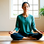 A serene woman, mid-30s, with a gentle expression, fully clothed in modest, comfortable, natural fiber attire. She is seated cross-legged on a natural fiber mat, hands resting calmly, eyes gently closed in meditation, surrounded by soft natural light. The setting is a minimalist, tranquil living space, adorned with a few lush indoor plants and bathed in warm sunlight streaming through a window. Subtle hints of conscious living are present, such as a beautifully crafted reusable ceramic cup on a simple wooden table nearby. perfect anatomy, correct proportions, natural pose, well-formed hands, proper finger count, natural body proportions, safe for work, appropriate content, fully clothed, modest clothing, family-friendly, professional photography, high quality, realistic.