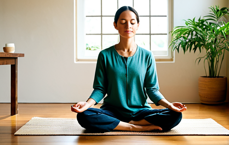 A serene woman, mid-30s, with a gentle expression, fully clothed in modest, comfortable, natural fiber attire. She is seated cross-legged on a natural fiber mat, hands resting calmly, eyes gently closed in meditation, surrounded by soft natural light. The setting is a minimalist, tranquil living space, adorned with a few lush indoor plants and bathed in warm sunlight streaming through a window. Subtle hints of conscious living are present, such as a beautifully crafted reusable ceramic cup on a simple wooden table nearby. perfect anatomy, correct proportions, natural pose, well-formed hands, proper finger count, natural body proportions, safe for work, appropriate content, fully clothed, modest clothing, family-friendly, professional photography, high quality, realistic.