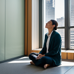 A serene individual, gender-neutral, fully clothed in modest, professional attire, sits calmly in a quiet corner of a modern, sunlit high-rise office in a bustling Latin American city like Buenos Aires. The person is gently closing their eyes, practicing mindfulness amidst soft daylight and distant city sounds. The scene emphasizes inner peace against an urban backdrop, with perfect anatomy, correct proportions, well-formed hands, proper finger count, and natural body proportions. The overall image is safe for work, appropriate content, and family-friendly, rendered as high-quality, professional photography.
