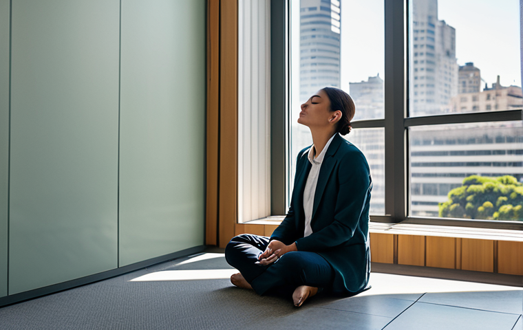 A serene individual, gender-neutral, fully clothed in modest, professional attire, sits calmly in a quiet corner of a modern, sunlit high-rise office in a bustling Latin American city like Buenos Aires. The person is gently closing their eyes, practicing mindfulness amidst soft daylight and distant city sounds. The scene emphasizes inner peace against an urban backdrop, with perfect anatomy, correct proportions, well-formed hands, proper finger count, and natural body proportions. The overall image is safe for work, appropriate content, and family-friendly, rendered as high-quality, professional photography.