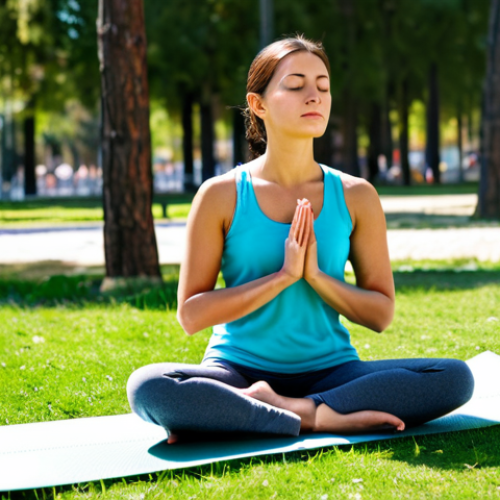 Home 9 Meditación en un Parque Urbano**
"A woman in comfortable, modest clothing is meditating peacefully in a sunny park in Madrid. She is sitting in a relaxed posture on a yoga mat, eyes closed, with a serene expression. In the background, people are strolling and enjoying the park's amenities. The image should convey tranquility and inner peace. fully clothed, safe for work, appropriate content, professional, perfect anatomy, natural proportions, well-formed hands, proper finger count, natural body proportions, high quality, realistic."
**
