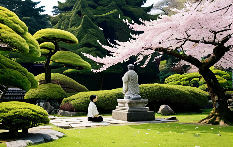 Impermanence in Nature**
"A serene landscape featuring a blooming cherry blossom tree alongside a weathered stone statue in a Japanese garden, fully clothed visitors observing the scene, demonstrating the beauty and fleeting nature of life, appropriate attire, safe for work, perfect anatomy, natural proportions, professional photography, high quality, family-friendly."
**