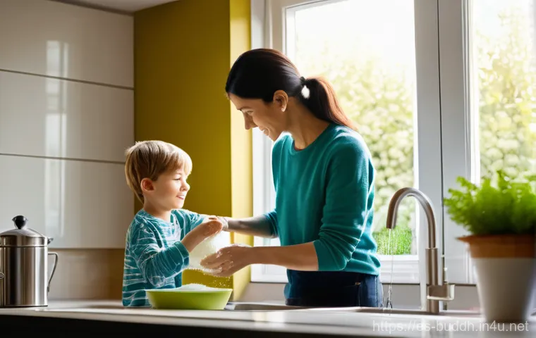 불교와 가족 - Prompt 1: Mindful Family Moment at the Kitchen Sink**
