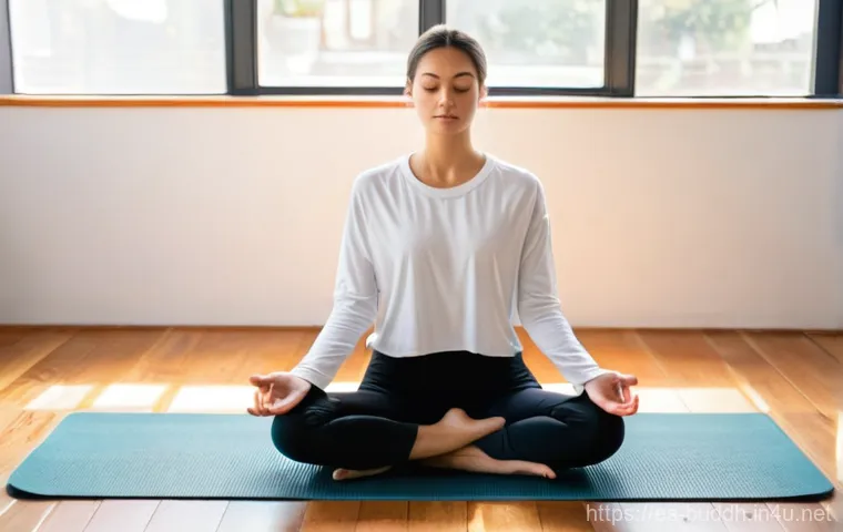 불교에서의 단순한 삶 - **Mindful Morning Meditation:** A young woman in her late 20s, with a serene and peaceful expression...