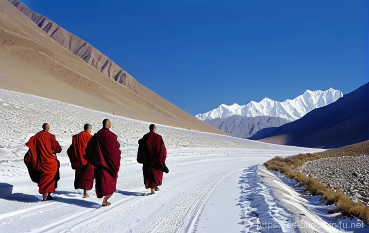 중국 불교의 역사 - **Prompt 1: The Silk Road Pilgrimage**
"A wide shot of a group of intrepid, modestly robed Buddh...