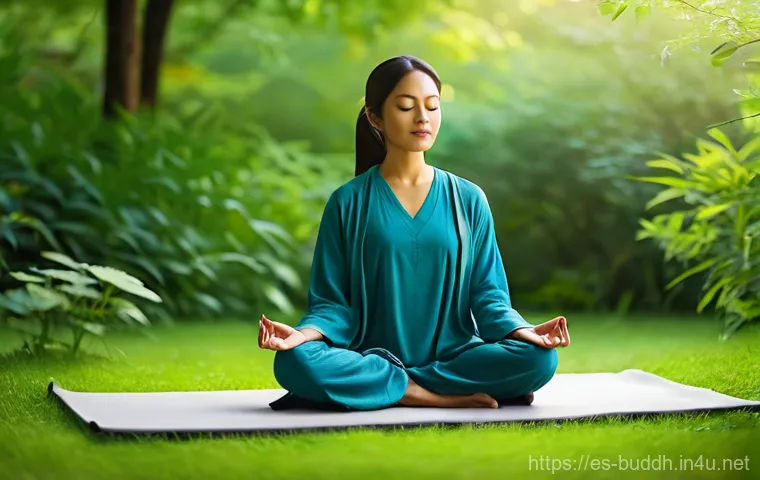 불교에서의 영적 탐구 - **Prompt:** A tranquil scene depicting a person practicing seated meditation in a serene, natural en...