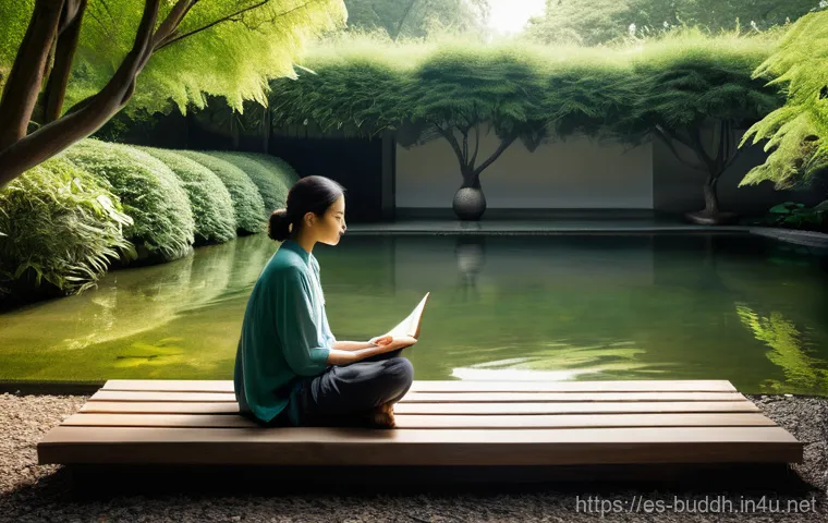 불교에서의 분노 다스리기 - **Prompt:** A serene and contemplative scene capturing the essence of a conscious pause amidst emoti...