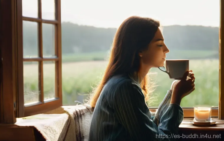 불교에서의 감사 실천 - **Prompt: Morning Light of Gratitude**
"A serene young woman, perhaps in her late 20s, wearing a...