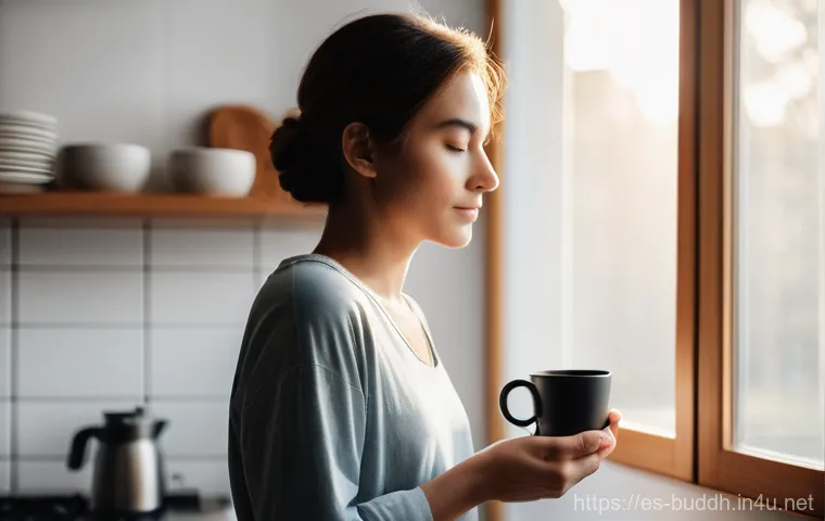 불교에서의 마음의 치유 - **Mindful Morning Coffee Ritual:**
    A calm and focused person, of ambiguous gender, is standing i...