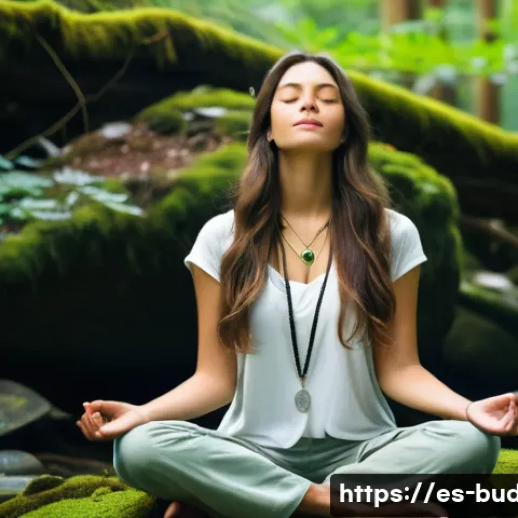 불교와 무속 - **Prompt:** "A serene young woman with long, flowing brown hair sits in a lotus position on a moss-c...