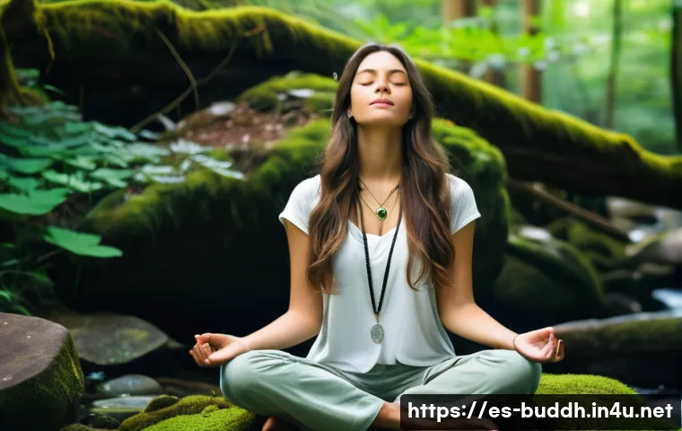 불교와 무속 - **Prompt:** "A serene young woman with long, flowing brown hair sits in a lotus position on a moss-c...