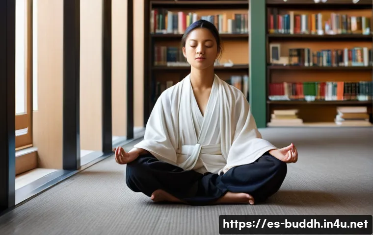 불교의 인간 이해 - **Prompt:** A serene individual, perhaps a woman or man of any ethnicity, meditating calmly in a com...