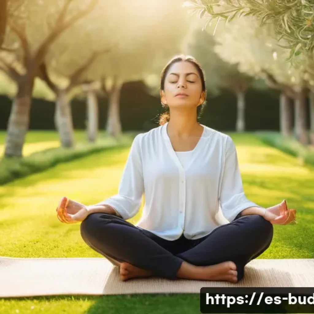 선불교의 기본 개념 - A serene scene of a young Hispanic woman practicing mindful breathing outdoors in a peaceful Spanish...