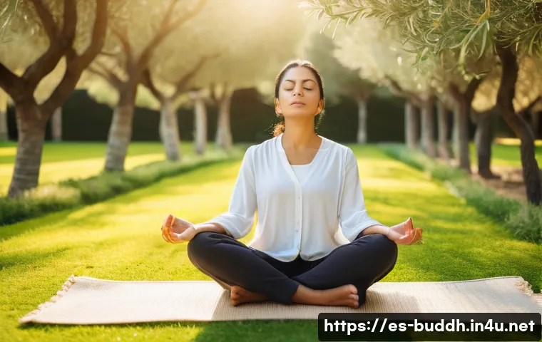 선불교의 기본 개념 - A serene scene of a young Hispanic woman practicing mindful breathing outdoors in a peaceful Spanish...