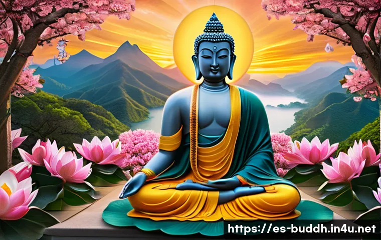 대승불교와 소승불교의 차이 - A serene Mahayana bodhisattva figure seated in a lush, tranquil garden, dressed in traditional flowi...