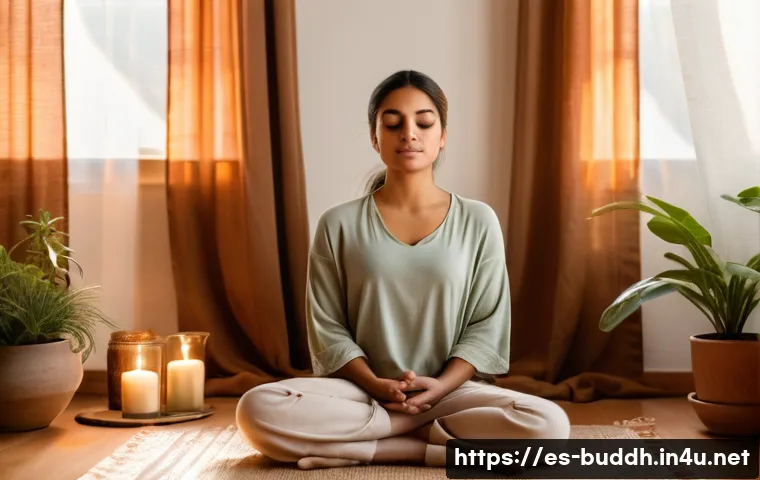 불교에서의 내면 성장 - A serene scene of a young Hispanic woman practicing mindful breathing meditation in a cozy, softly l...