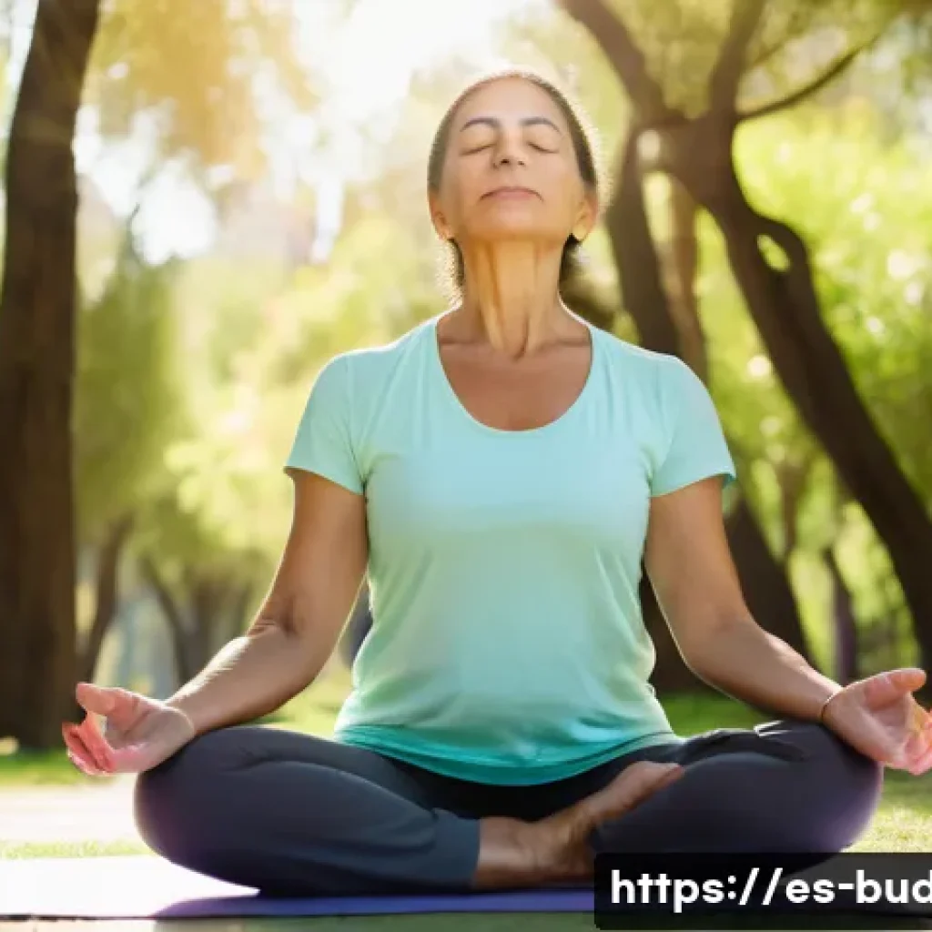불교의 일상 적용 - A serene middle-aged Hispanic woman practicing mindful breathing outdoors in a sunny urban park in S...