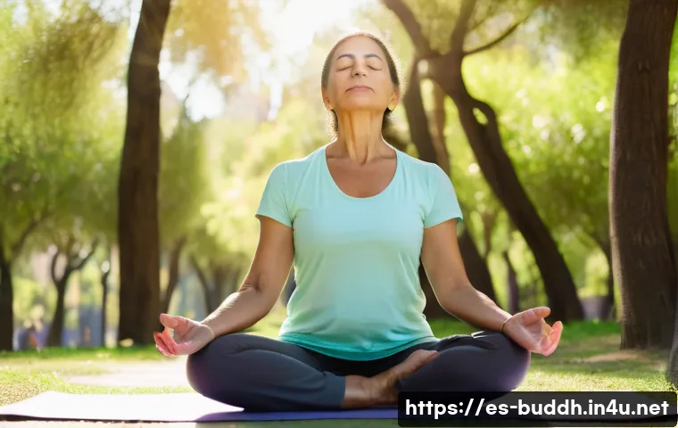 불교의 일상 적용 - A serene middle-aged Hispanic woman practicing mindful breathing outdoors in a sunny urban park in S...