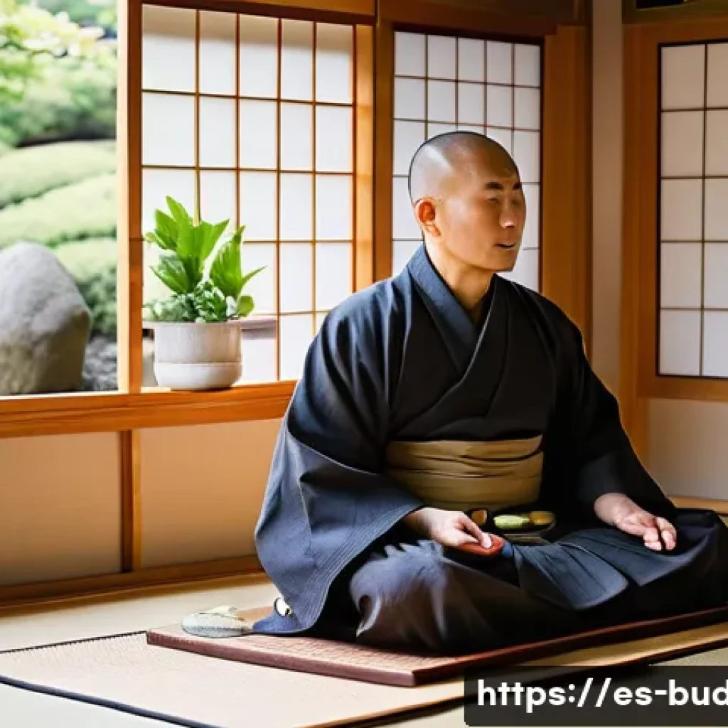불교에서의 채식 - A serene Buddhist monk practicing mindful eating in a traditional Japanese tatami room, wearing simp...