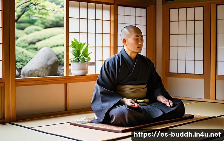 불교에서의 채식 - A serene Buddhist monk practicing mindful eating in a traditional Japanese tatami room, wearing simp...