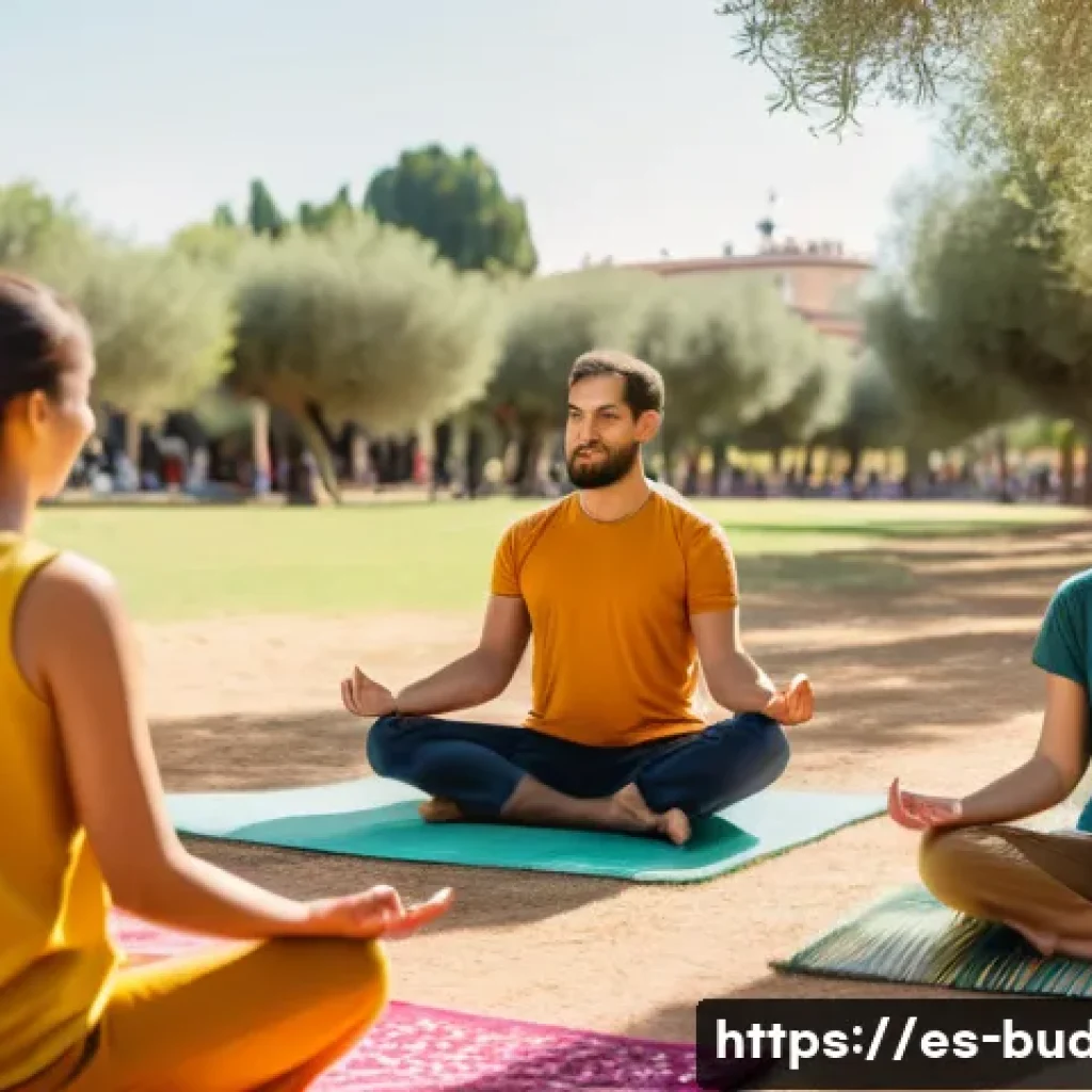 불교에서의 행복의 본질 - A serene scene of a diverse group of adults practicing mindfulness meditation outdoors in a sunny Sp...