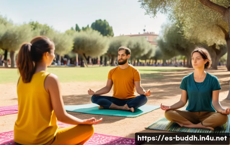 불교에서의 행복의 본질 - A serene scene of a diverse group of adults practicing mindfulness meditation outdoors in a sunny Sp...
