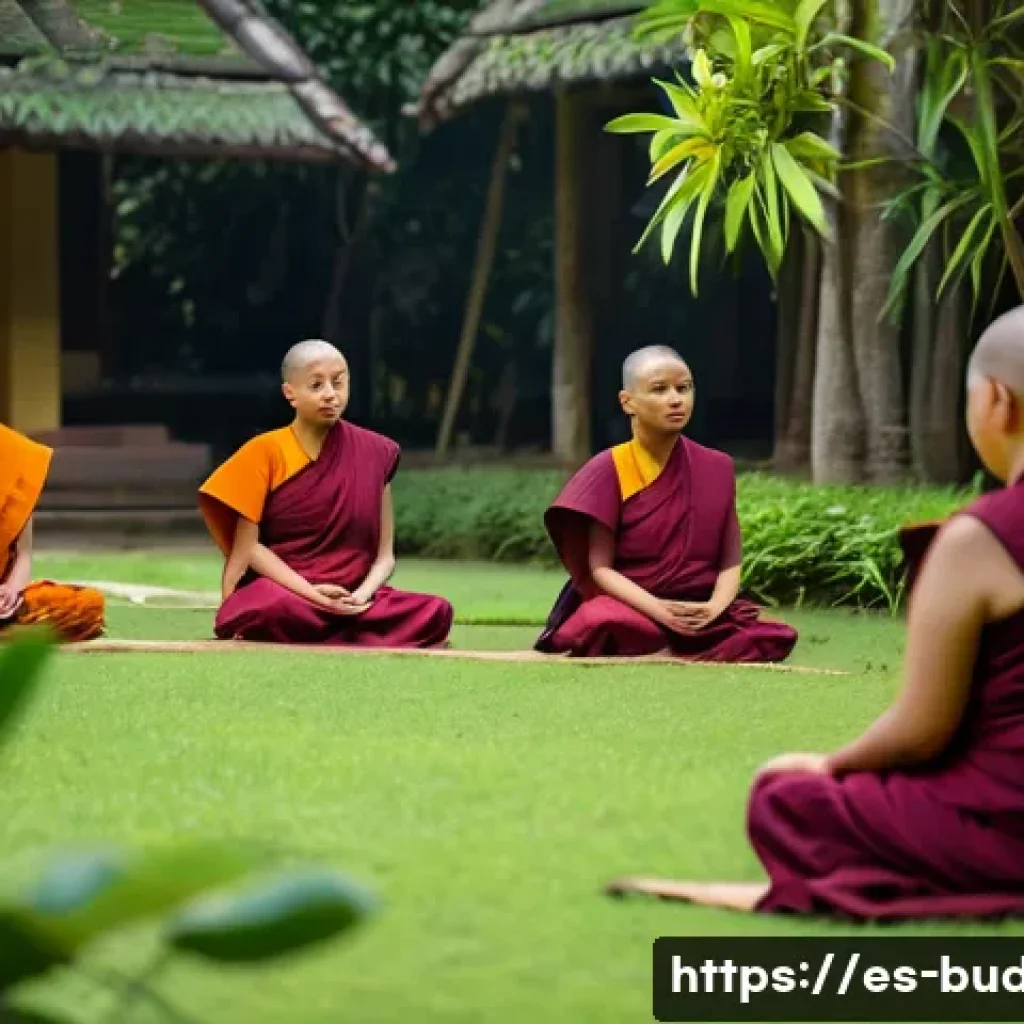 불교와 여성 - A serene scene depicting a group of Buddhist nuns in traditional saffron and maroon robes, seated pe...