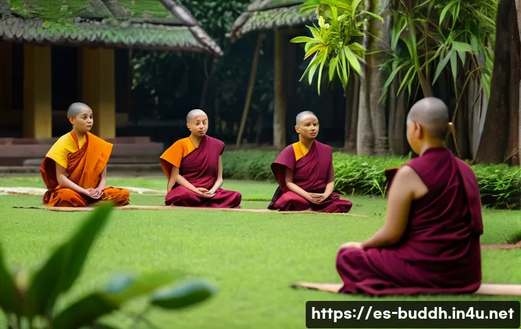 불교와 여성 - A serene scene depicting a group of Buddhist nuns in traditional saffron and maroon robes, seated pe...