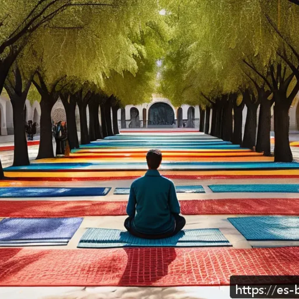 불교에서의 공정성 - A serene meditation scene in a modern urban park in Spain, featuring a diverse group of adults pract...