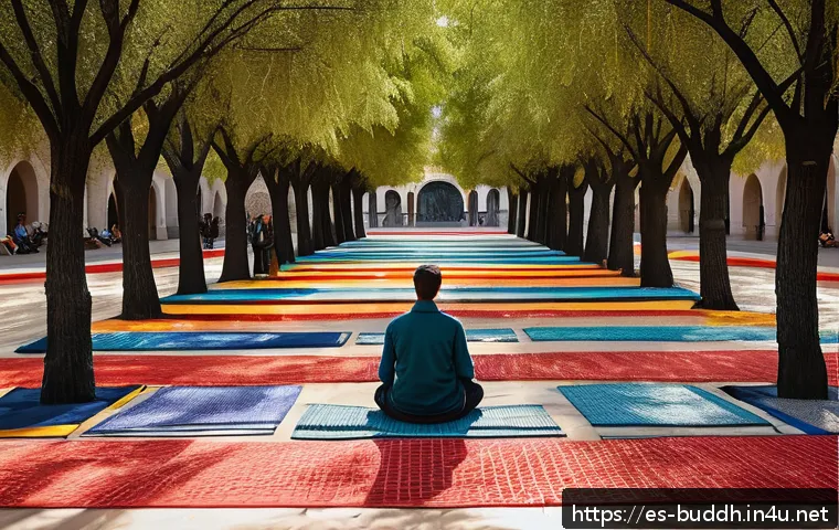 불교에서의 공정성 - A serene meditation scene in a modern urban park in Spain, featuring a diverse group of adults pract...