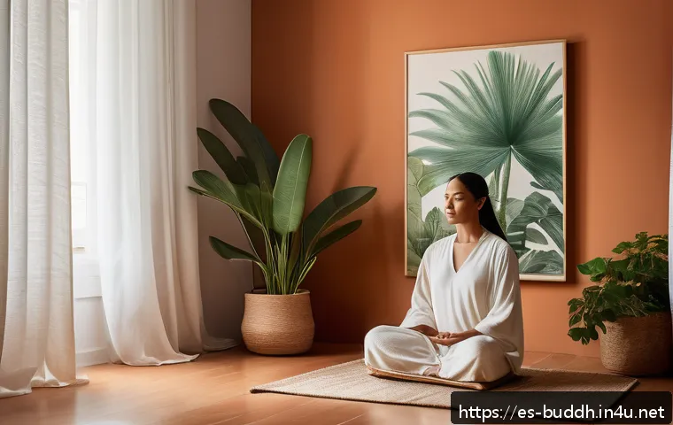 불교에서의 믿음과 신뢰 - A serene, sunlit meditation corner in a modern Spanish apartment, featuring warm terracotta walls an...