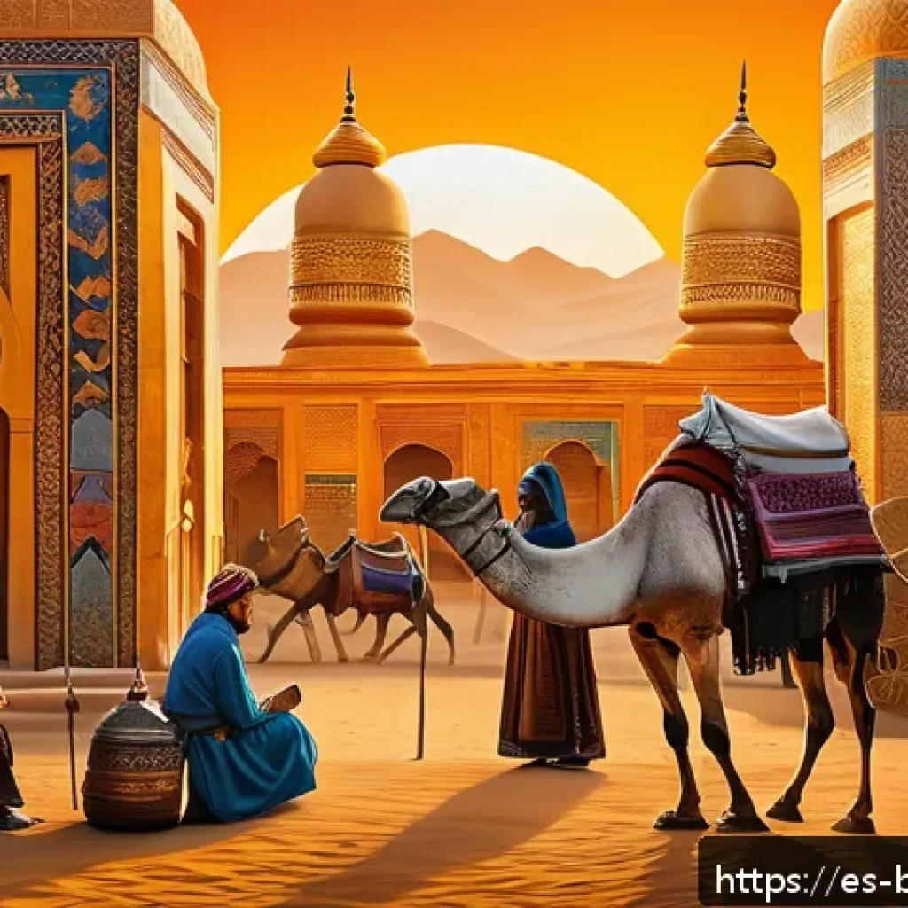 불교와 이슬람 교류 - A bustling ancient Central Asian trade route scene at sunset, featuring diverse merchants and travel...