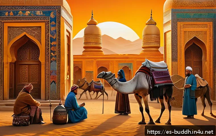 불교와 이슬람 교류 - A bustling ancient Central Asian trade route scene at sunset, featuring diverse merchants and travel...