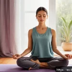 불교와 내적 평화 - A serene indoor scene featuring a young adult practicing mindful breathing meditation by a large win...
