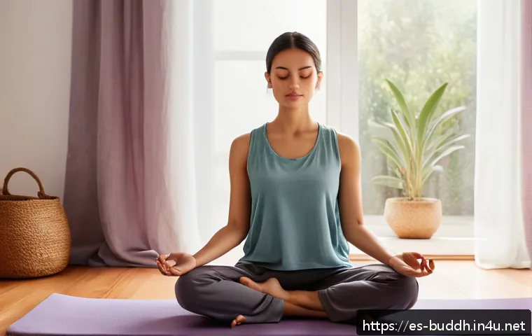 불교와 내적 평화 - A serene indoor scene featuring a young adult practicing mindful breathing meditation by a large win...