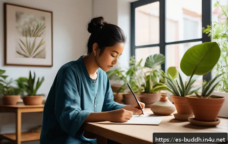 불교와 문화 융합 - A serene and minimalist art studio in a vibrant Hispanic urban setting, where a diverse group of art...