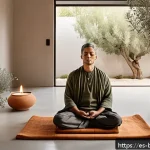 불교의 세계관 - A serene indoor meditation space designed for a Spanish-speaking individual, featuring warm natural ...
