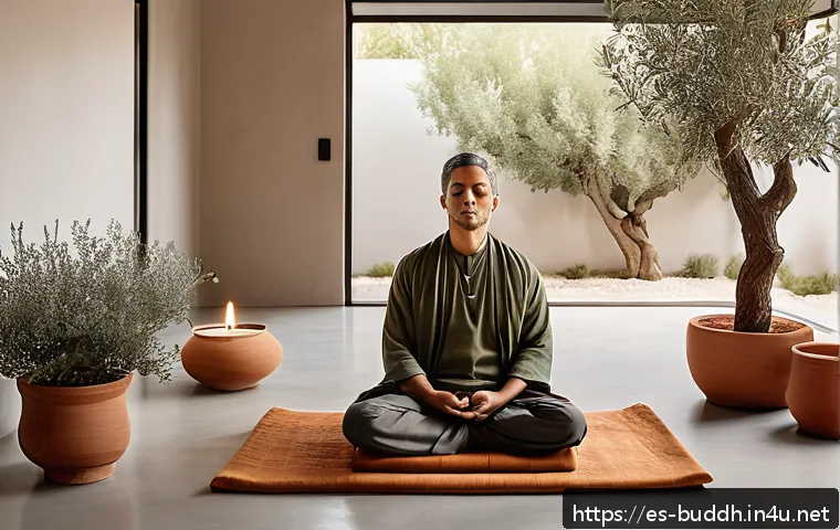 불교의 세계관 - A serene indoor meditation space designed for a Spanish-speaking individual, featuring warm natural ...