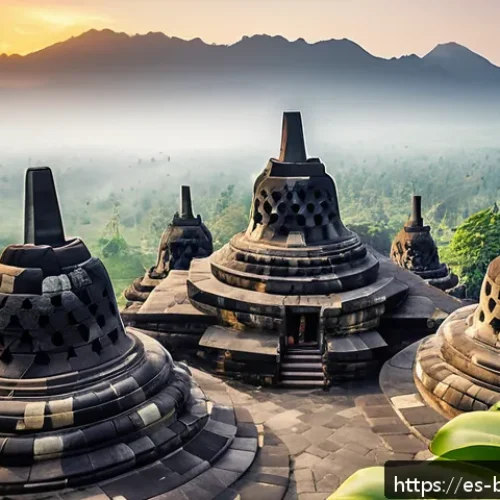 불교 유적지 탐방 - A panoramic view of the Borobudur Temple in Indonesia at sunrise, showcasing its massive stone manda...
