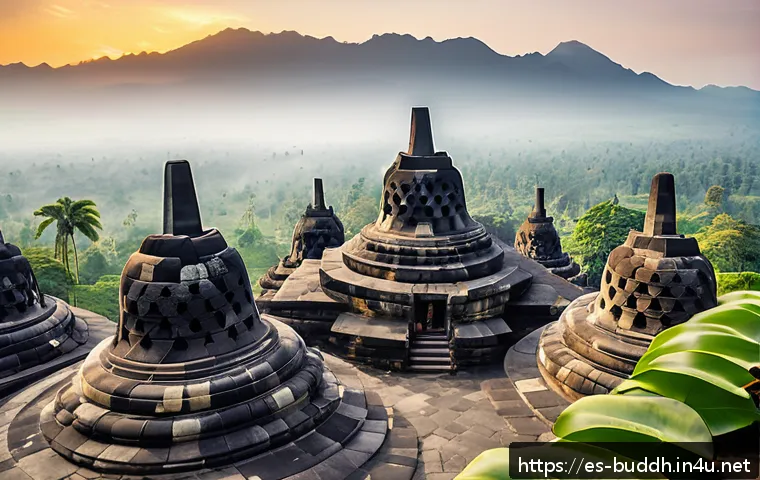 불교 유적지 탐방 - A panoramic view of the Borobudur Temple in Indonesia at sunrise, showcasing its massive stone manda...