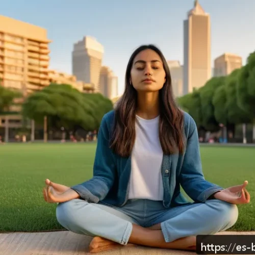 불교와 문학 - A serene scene depicting a young Hispanic woman sitting cross-legged in a quiet urban park at sunset...