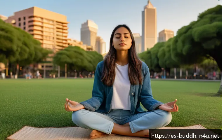 불교와 문학 - A serene scene depicting a young Hispanic woman sitting cross-legged in a quiet urban park at sunset...