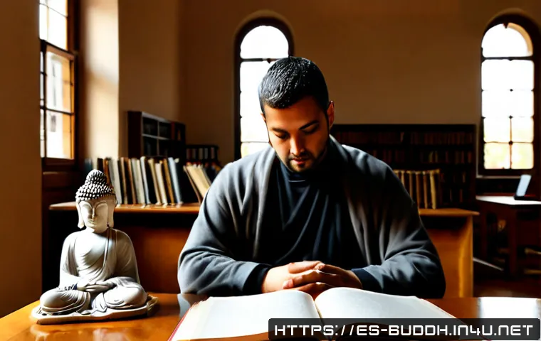 Home 13 불교와 서양 철학 - Photorealistic contemplative study scene in a sunlit Spanish university library, an adult scholar co...