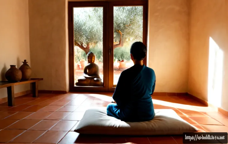 불교의 본질 탐구 - Photorealistic quiet Buddhist meditation scene in a sunlit Spanish countryside retreat, a middle-age...