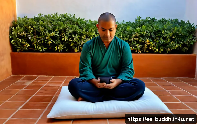 불교에서의 자기 통제 - Photorealistic serene Buddhist self-control scene, a middle-aged Hispanic man sitting calmly in medi...