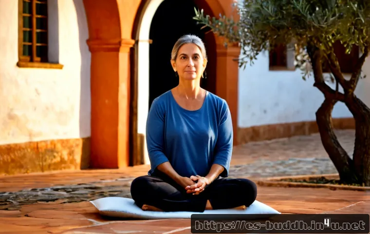 불교에서의 수양법 - Photorealistic early morning meditation in a quiet Spanish monastery courtyard, a middle-aged woman ...